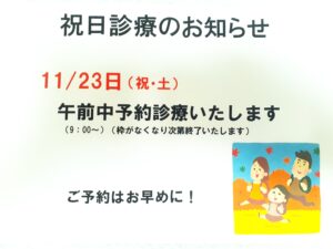 11/23（祝・土）午前中予約診療いたします